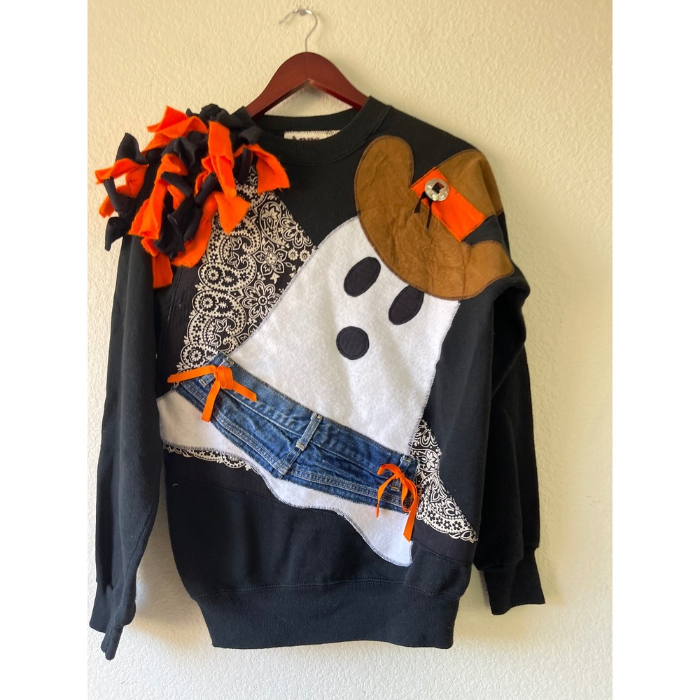 Vintage Womens Cowboy Ghost Halloween Sweatshirt Black M Bandana Denim Fringe - Picture 3 of 6